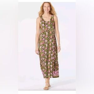 J Jill Women Maxi Dress Large Jersey Floral Sleeveless Casual Green Pink Stretch